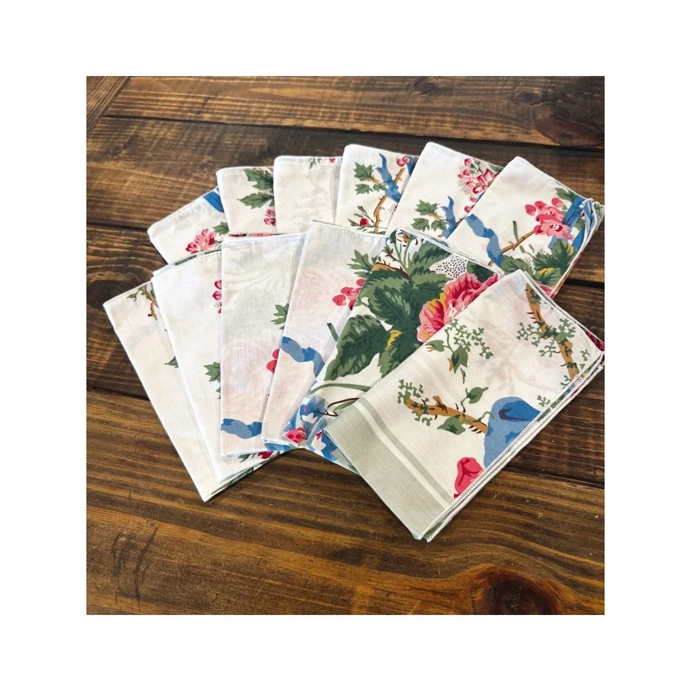 Vintage 1990s Country Floral Cloth Napkins Set of 12 Birds Flowers Cottagecore